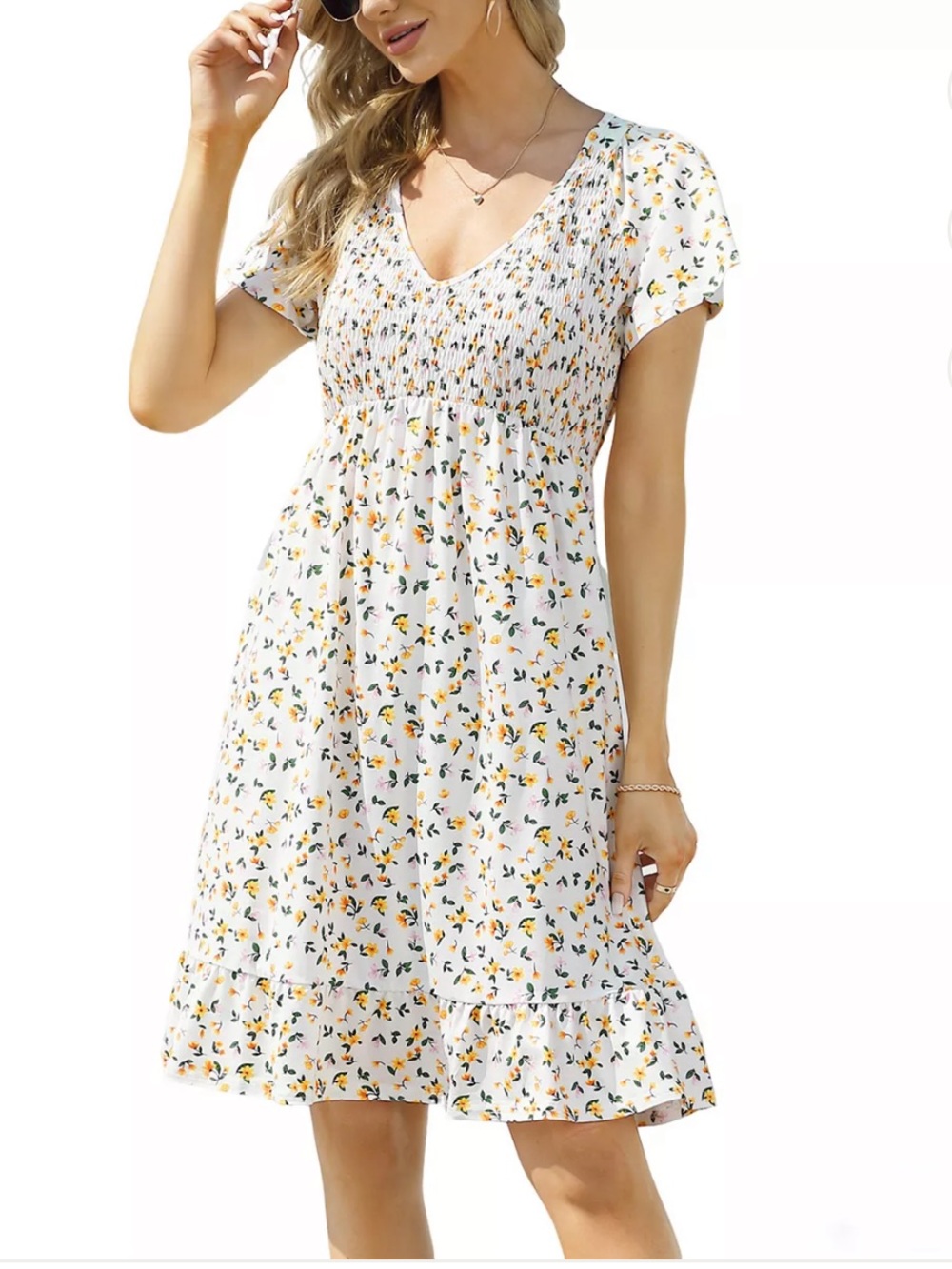 Womens’s White Floral Smocked Casual Mini Dress